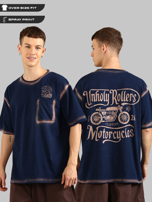 Navy Blue Oversized Spray Printed T-shirt